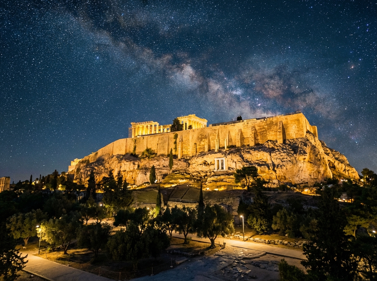 The Parthenon at night with warm golden lighting, Acropolis hill, starry sky, cinematic view, aspect ratio 4:3, no text