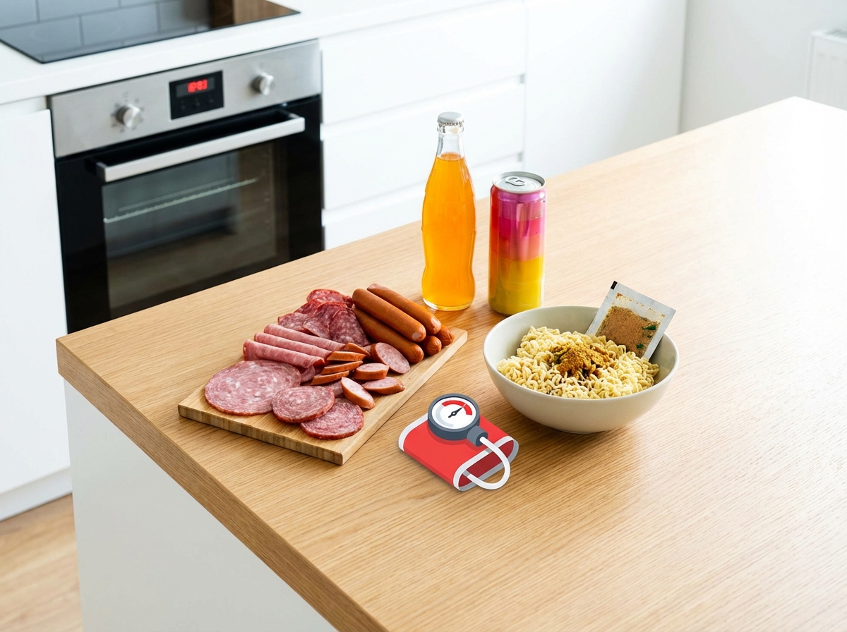 An infographic showing three main foods that cause high blood pressure including processed meat ramen and sugary drinks on a clean modern kitchen table high contrast bright lighting 4:3 no text