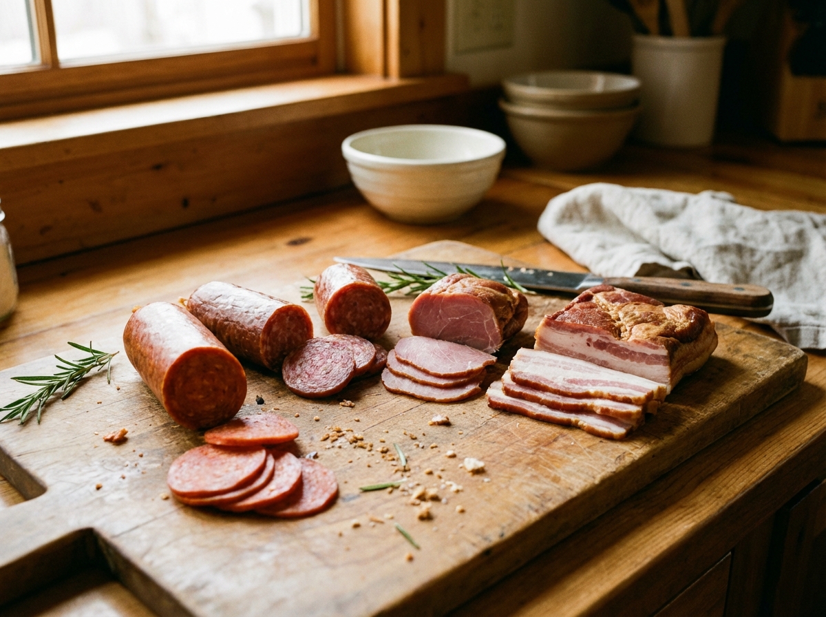 Close up shot of sliced ham sausages and bacon on a wooden board rustic kitchen setting warm natural lighting lifestyle photography 4:3 no text