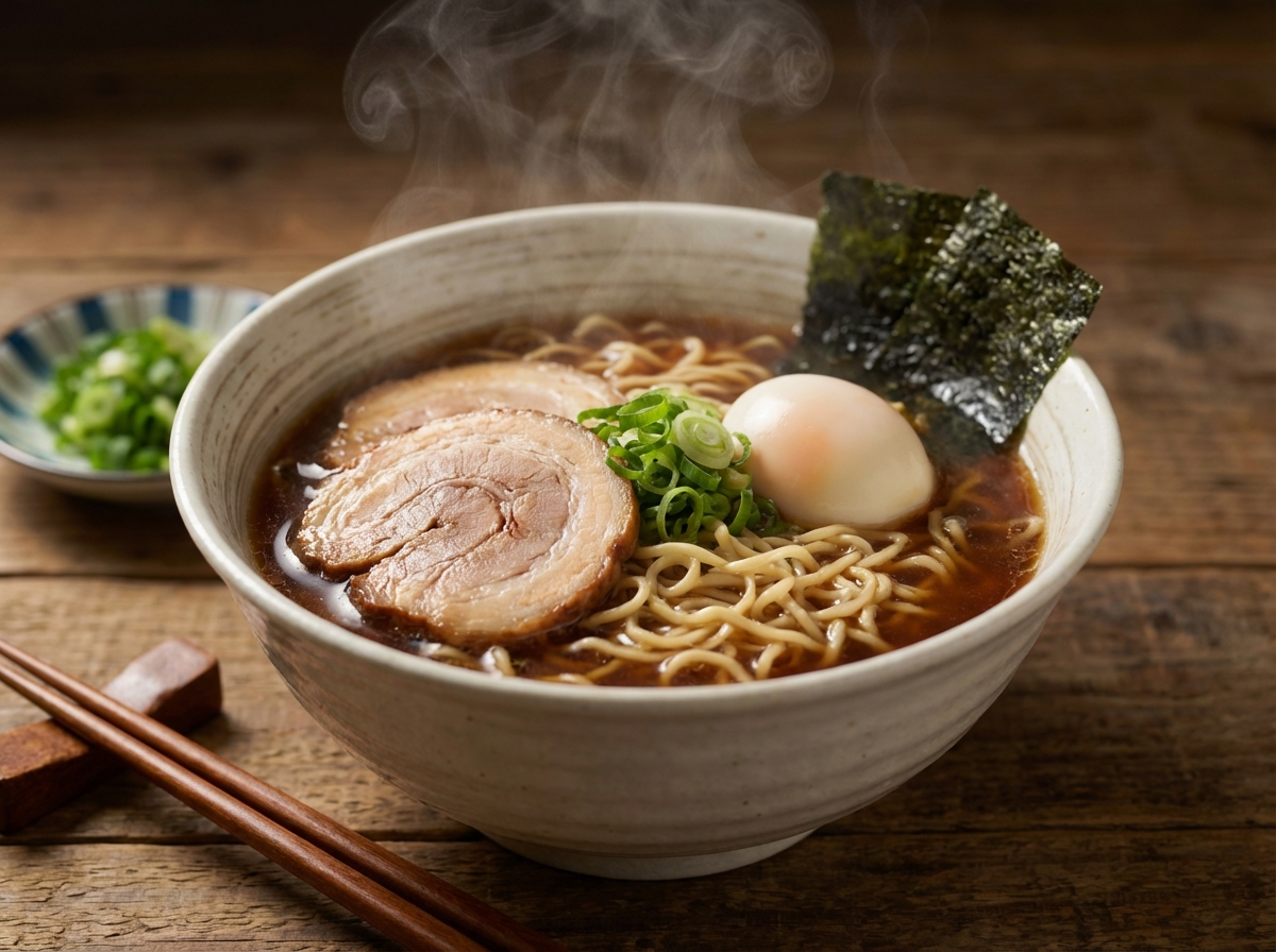 A steaming bowl of instant ramen with rich broth and noodles close up photography studio lighting professional food styling 4:3 no text