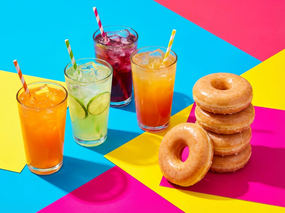Colorful soda drinks in glasses next to glazed donuts on a bright background vibrant colors high contrast modern layout 4:3 no text