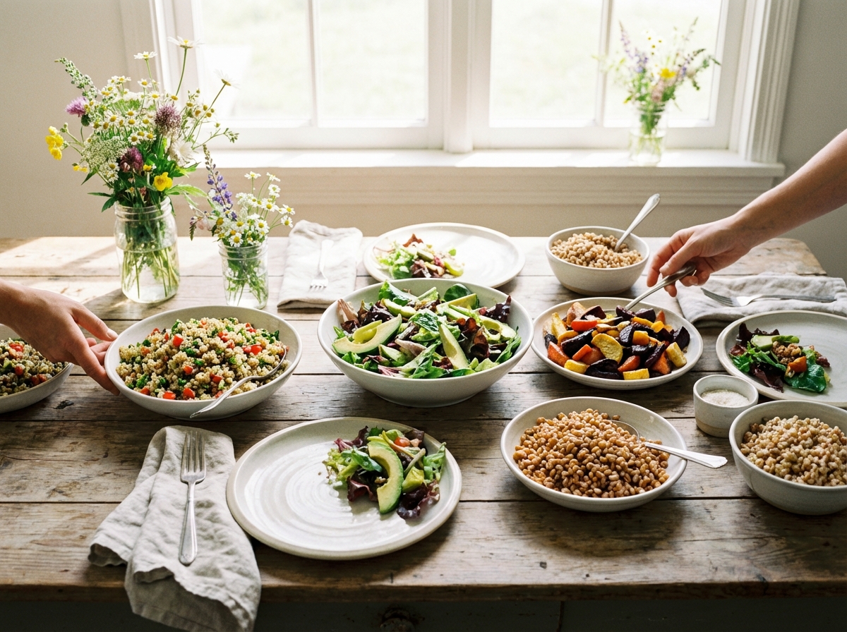 A table filled with fresh vegetables salad and whole grains bright morning sunlight airy atmosphere lifestyle photography 4:3 no text