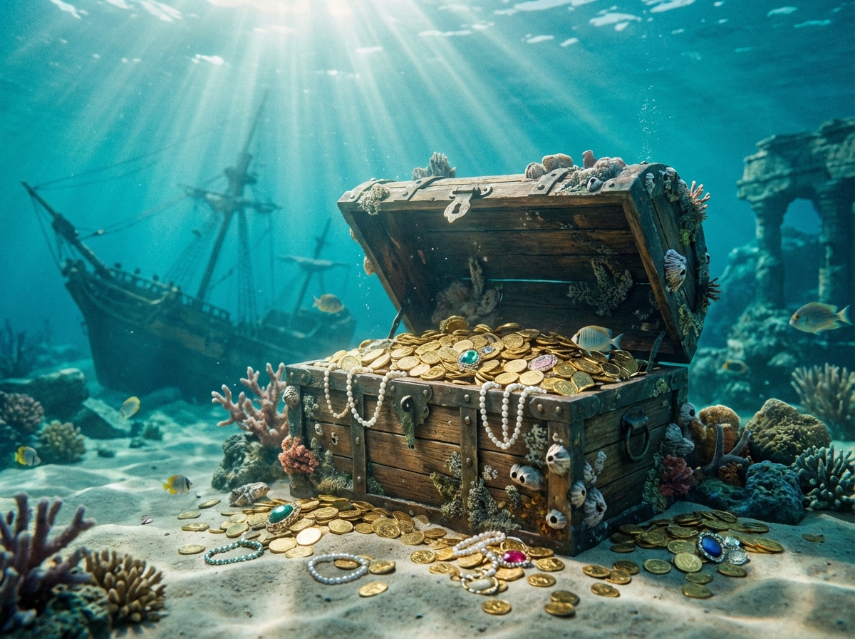 A cinematic underwater scene showing an old wooden treasure chest overflowing with gold coins and jewels on the sandy ocean floor. Sunbeams filter through the turquoise water. High detail, historical adventure atmosphere, 4:3