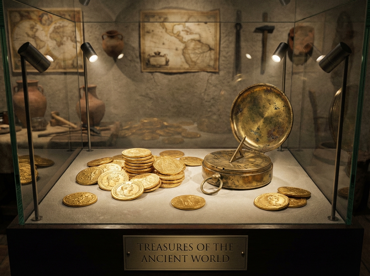 Ancient gold coins and a brass compass displayed inside a clean museum glass case with soft spotlighting. Textured background, historical artifacts, 4:3