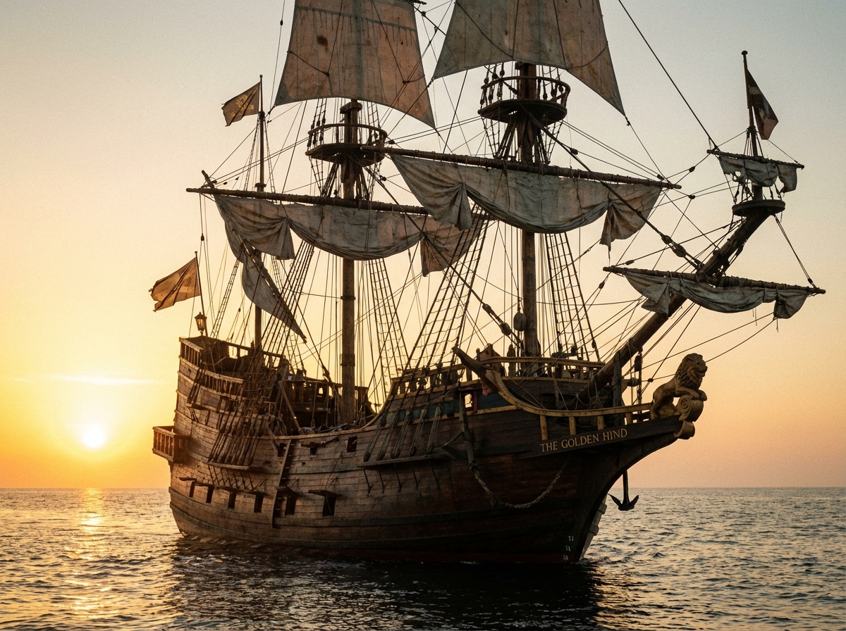 A majestic wooden pirate ship sailing towards a golden sunset on a calm ocean. Detailed rigging, vintage aesthetic, cinematic and peaceful atmosphere, 4:3