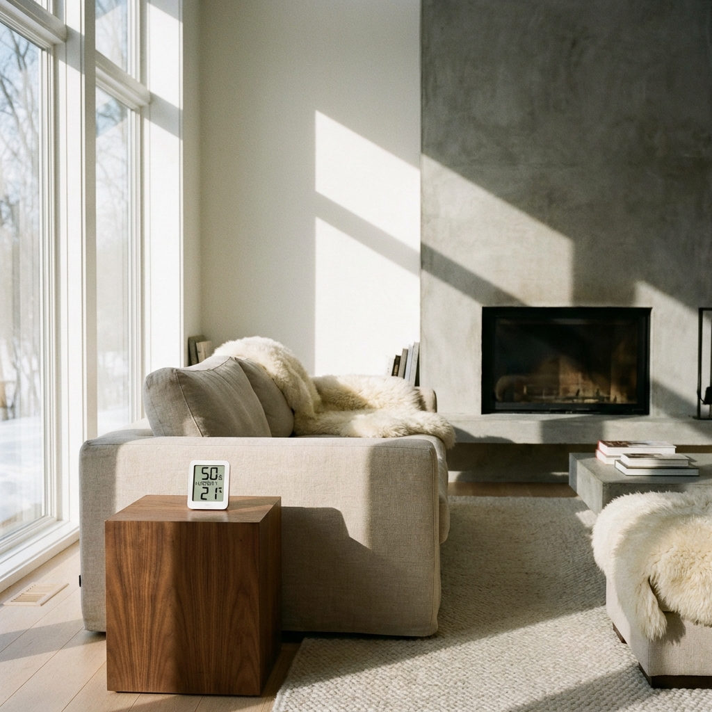A clean and modern living room interior with a digital hygrometer on a wooden side table showing 50% humidity. Large windows with soft winter sunlight, cozy atmosphere, high contrast, minimalist design. 1:1