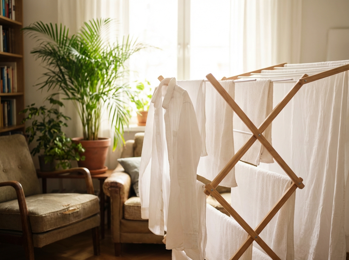 Natural lifestyle photography of white cotton laundry drying on a rack in a sunlit warm living room. Indoor green plants like Areca palm in the background, soft lighting, cozy home vibe. 4:3