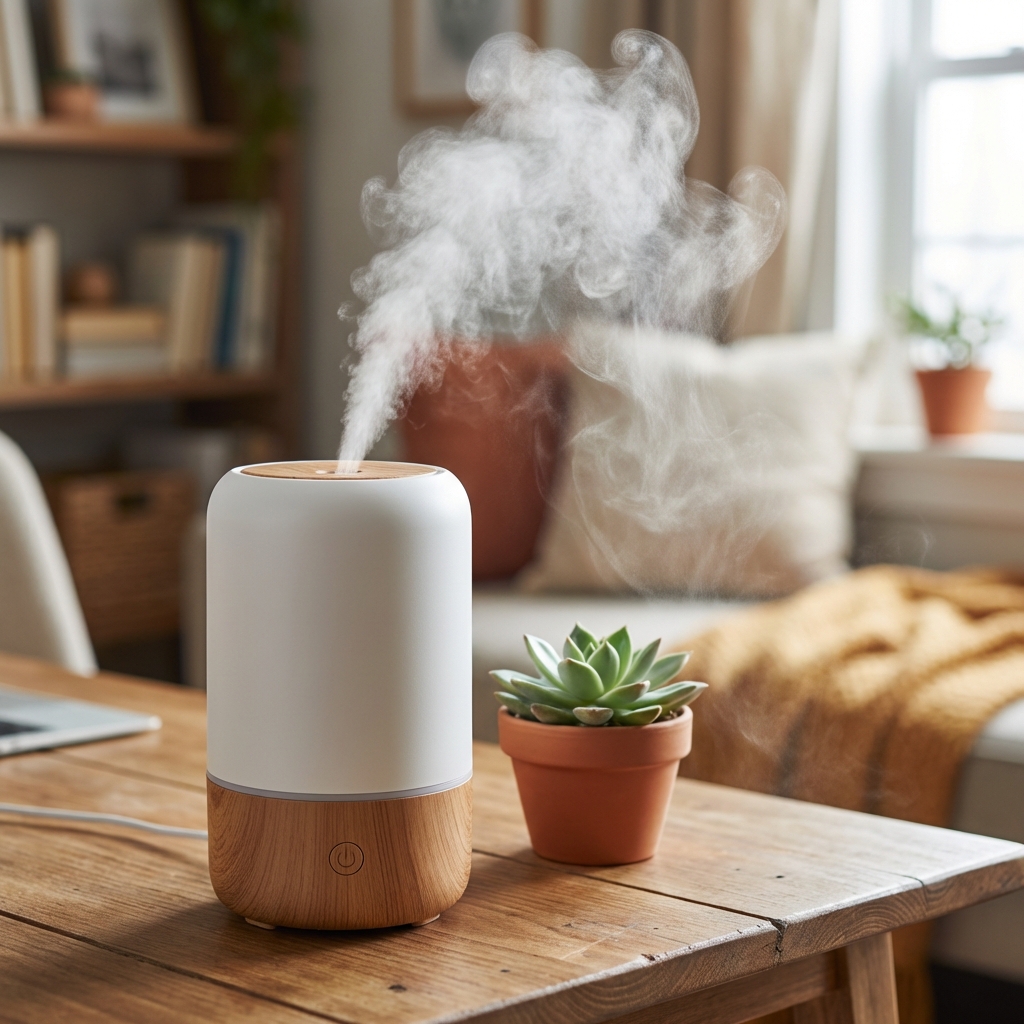 Close-up shot of a modern ultrasonic humidifier emitting fine cool mist on a wooden desk. Next to it is a small green succulent plant, soft blurred background of a cozy room, bright and balanced lighting. 1:1