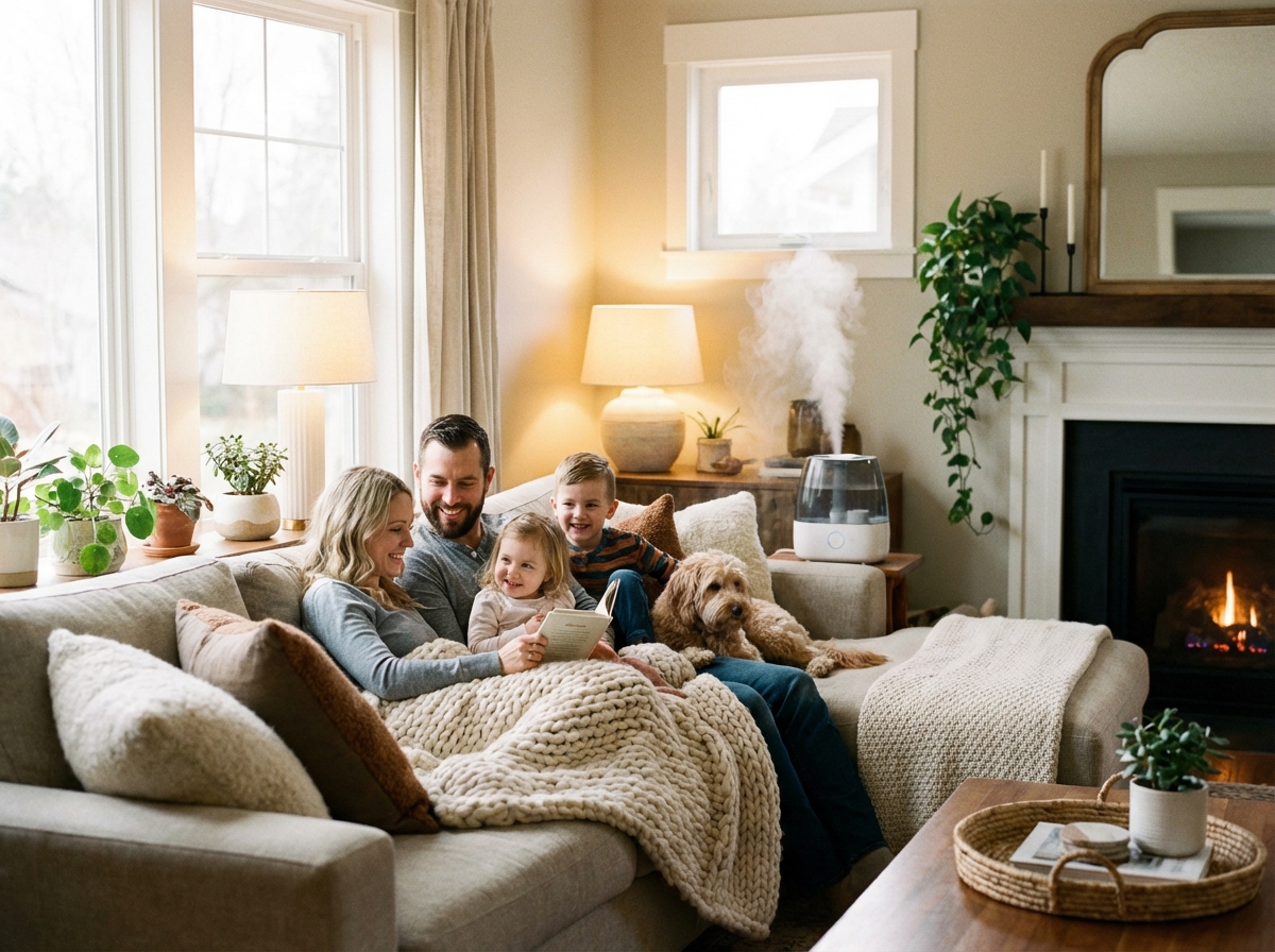 A peaceful home interior with a family relaxing on a sofa in a warm, well-humidified living room. Soft textures, knitted blankets, cozy lighting, happy atmosphere, detailed composition. 4:3