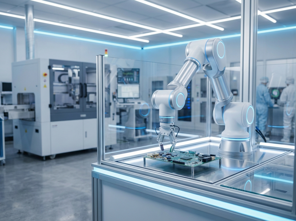 A high-tech industrial robotic arm performing precise assembly tasks in a modern, clean laboratory environment with soft blue and white ambient lighting. The background features blurred technological equipment. 4:3