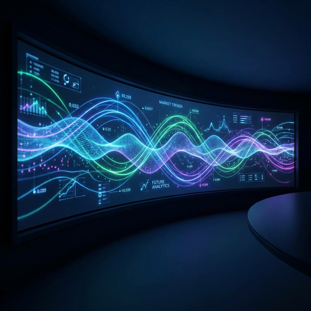 A futuristic digital screen displaying abstract glowing lines and dynamic data waves representing market trends. The atmosphere is professional and high-tech with a dark navy background. 1:1