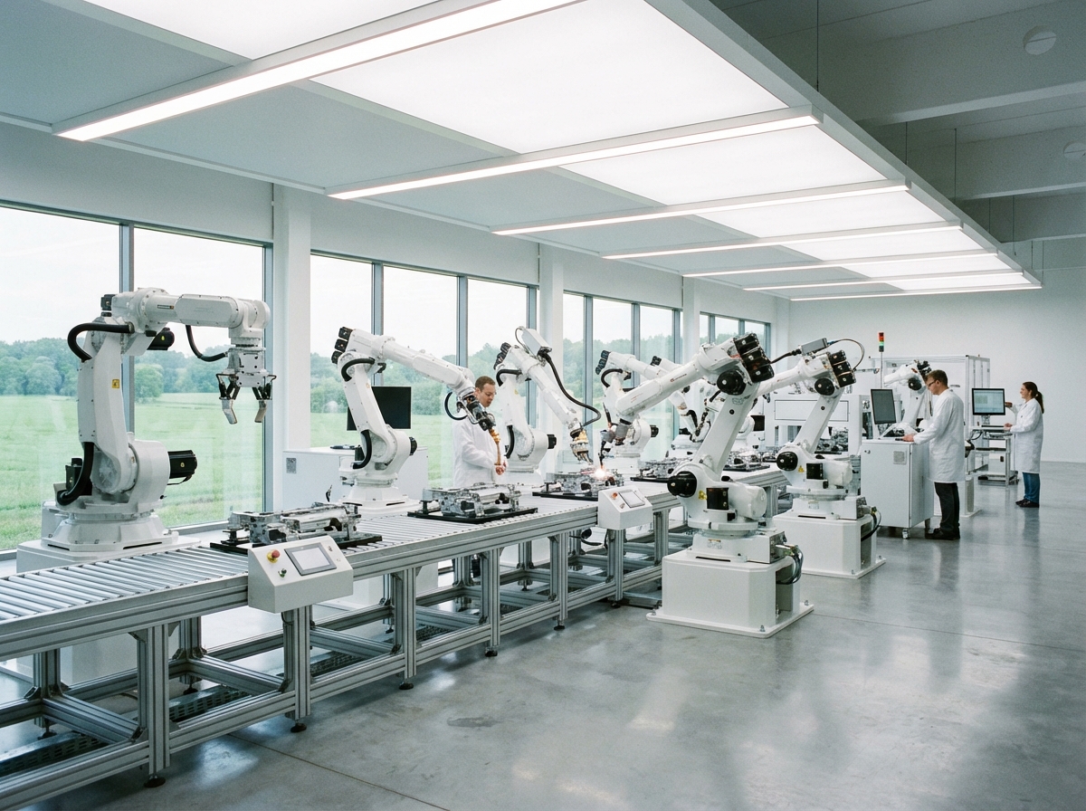 A series of advanced robotic systems working on an automated production line in a bright, modern factory. The scene is clean and organized with soft overhead lighting. 4:3