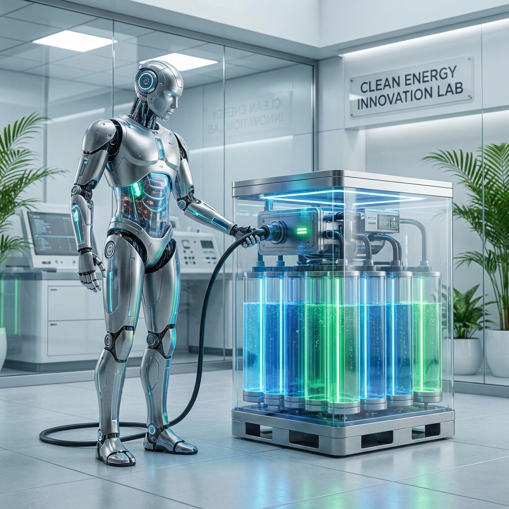 A futuristic robot interacting with a glowing battery energy storage system in a laboratory. The lighting is crisp and detailed with a focus on clean energy technology. 1:1
