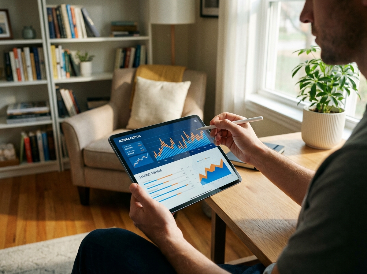 A person using a sleek tablet to check clean and modern financial charts and data trends. The background is a warm, comfortable home office setting with natural light. 4:3
