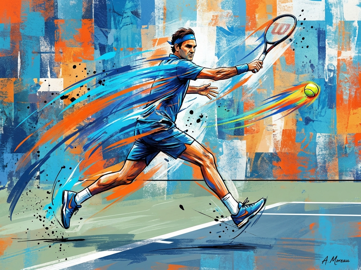 Artistic illustration of a professional tennis player performing a powerful backhand swing on a hard court, dynamic motion blur, vivid blue and orange colors, textured artistic background, 4:3