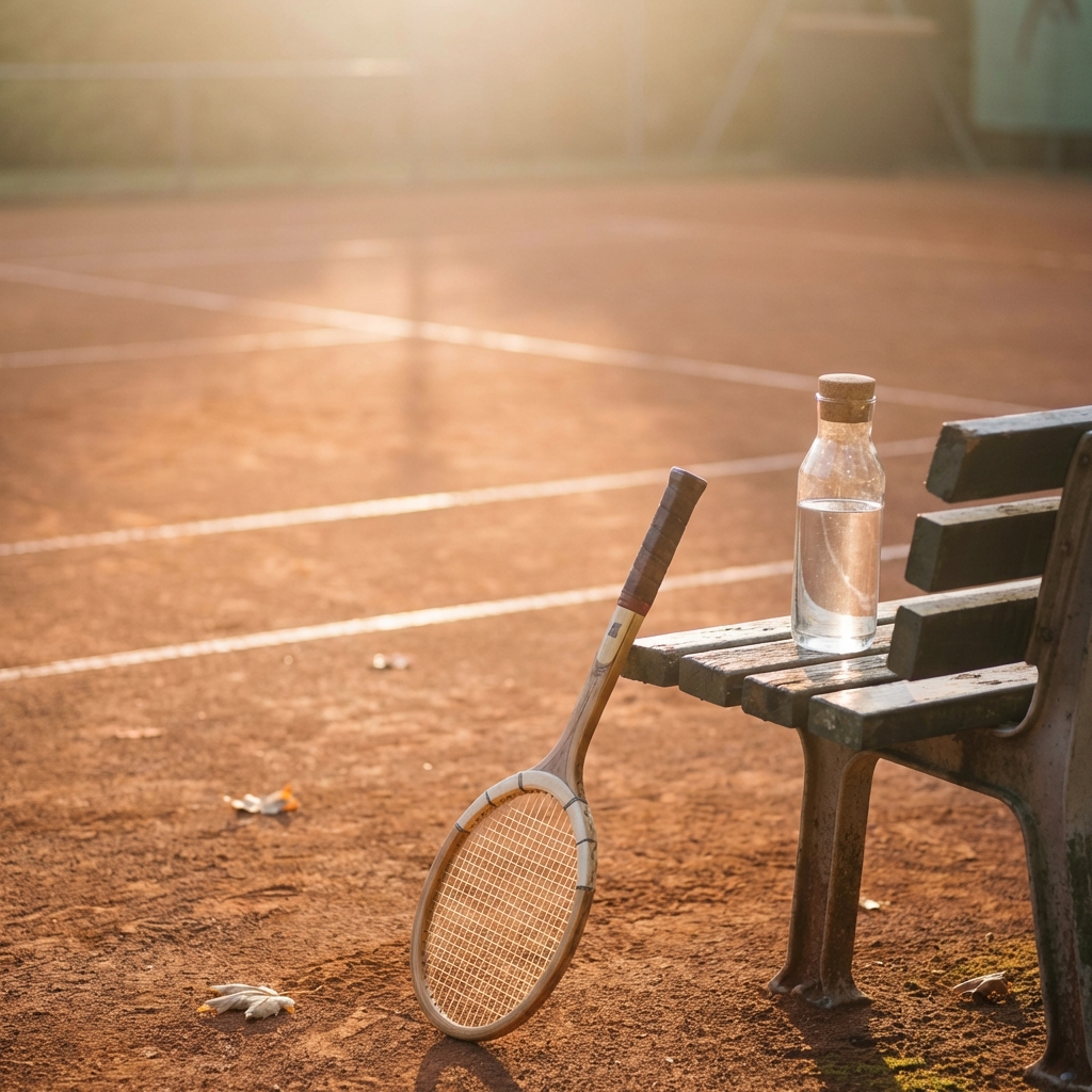 A clean tennis court during golden hour, a tennis racket and a water bottle resting on a bench, calm and peaceful atmosphere, lifestyle photography, 1:1