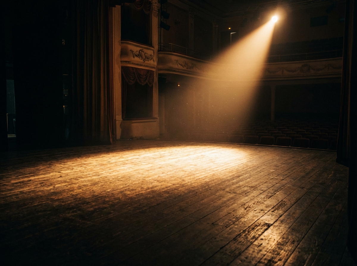 A cinematic shot of a single warm spotlight illuminating an empty vintage theater stage with a wooden floor, soft dust particles floating in the light, dark background, 4:3