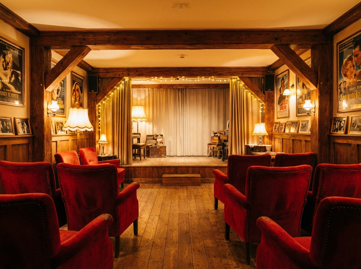 Interior of a cozy small theater with red velvet seats and a low stage, warm wooden textures, nostalgic and peaceful lighting, 4:3