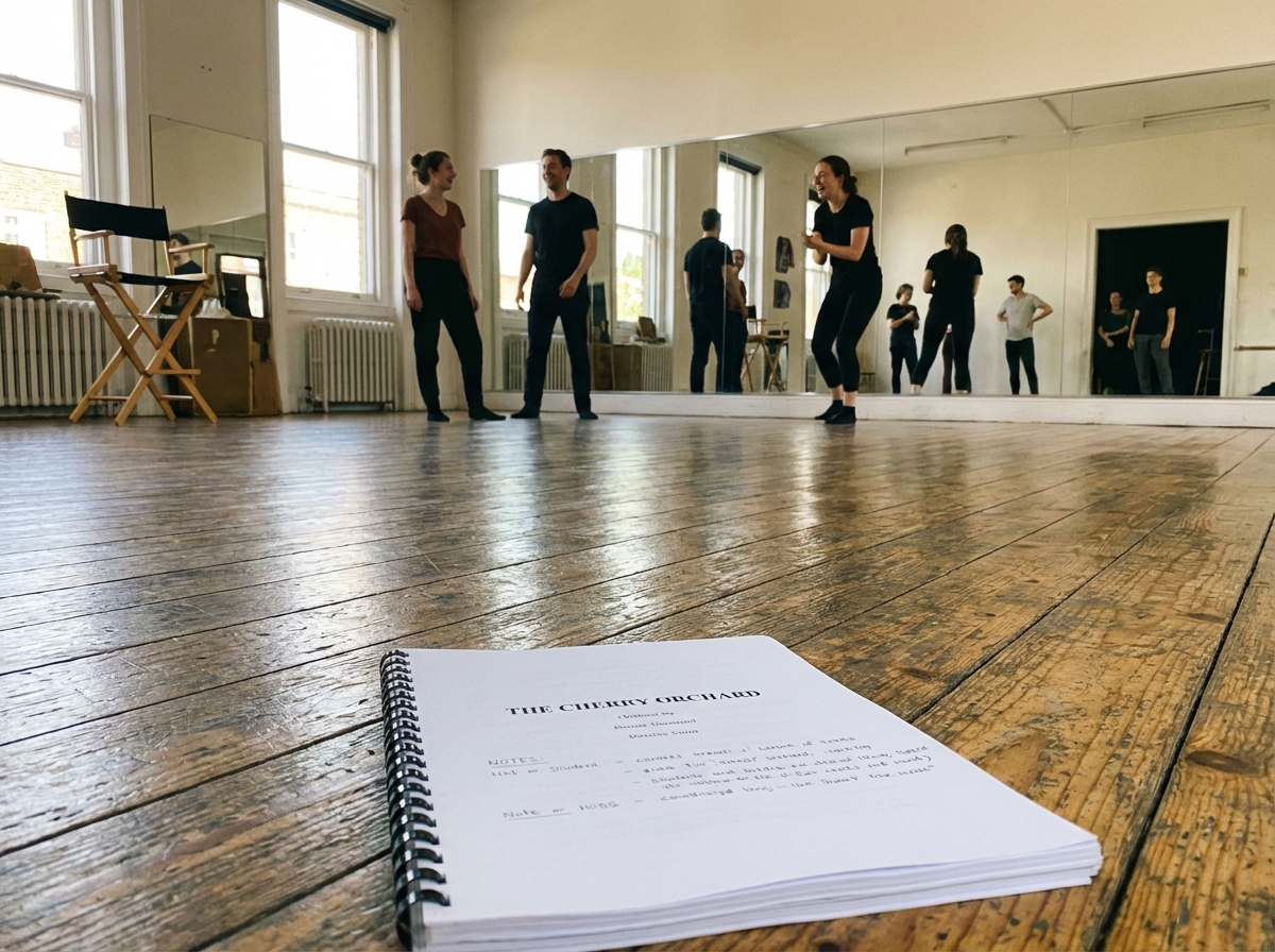 A bright acting studio with students practicing, mirrors on the wall, natural light, focus on a script on a wooden floor, professional and creative vibe, 4:3