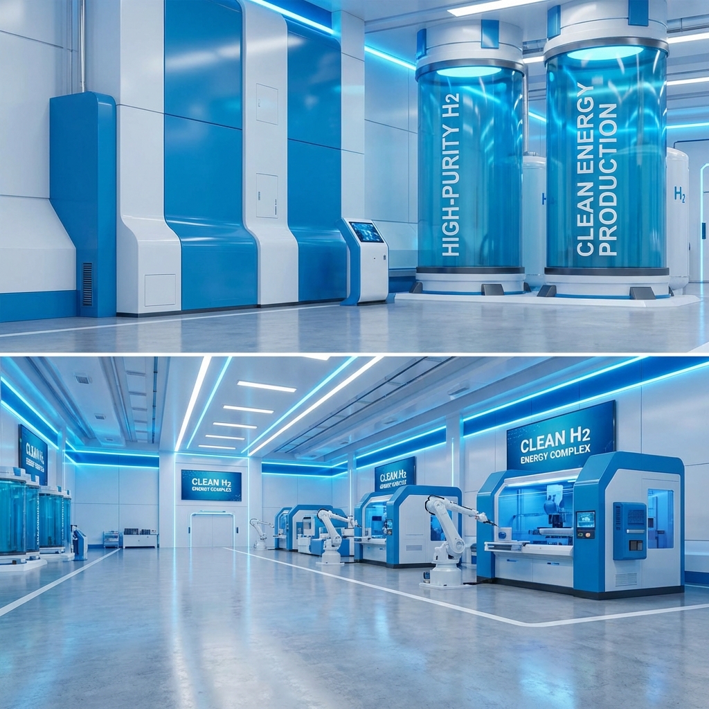 A high-tech industrial facility for high-purity hydrogen production, modern blue and white color scheme, clean energy concept, professional and clean industrial environment, 1:1
