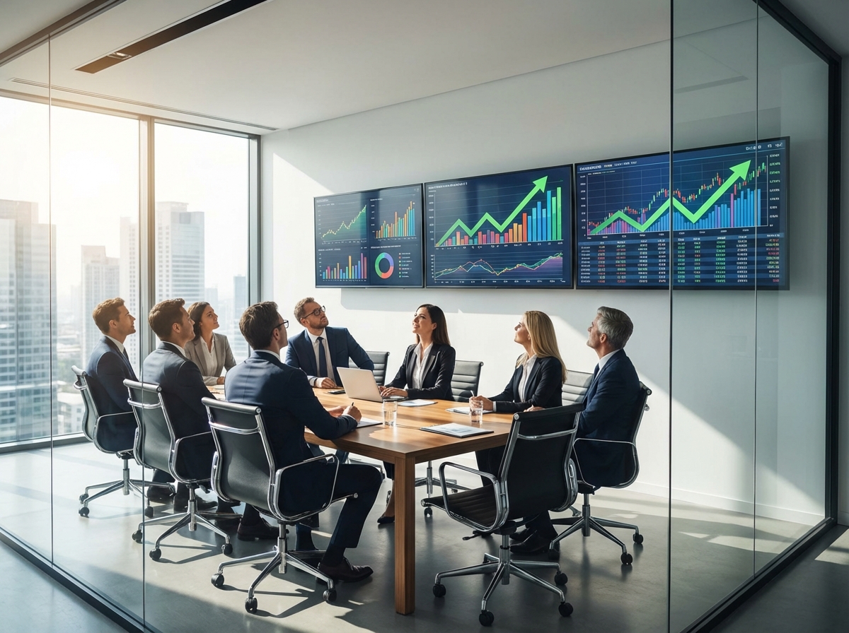 Modern business meeting room with professional investors looking at financial data on large screens, high contrast, clean layout, financial growth atmosphere, 4:3