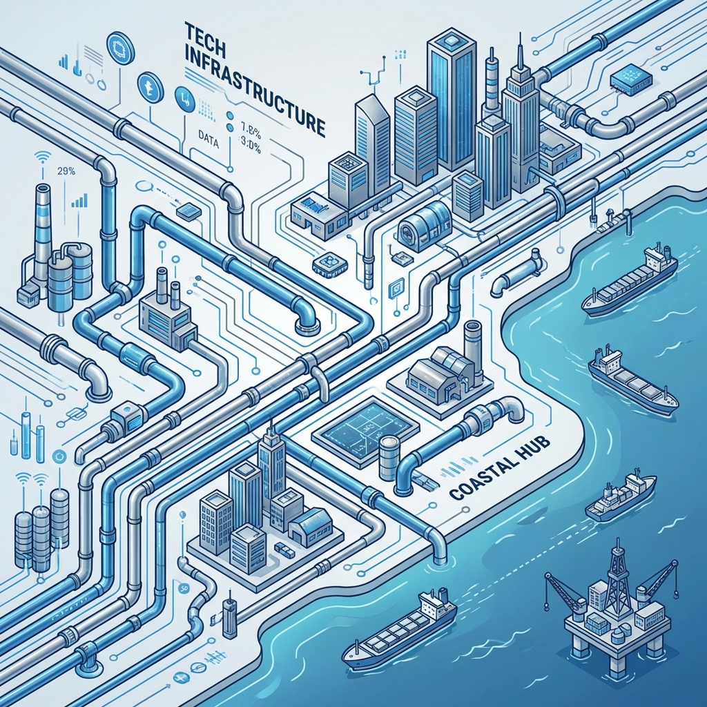 Map-like conceptual illustration of industrial pipelines running through a coastal industrial city, clean vector style, blue and silver metallic textures, tech infrastructure, 1:1