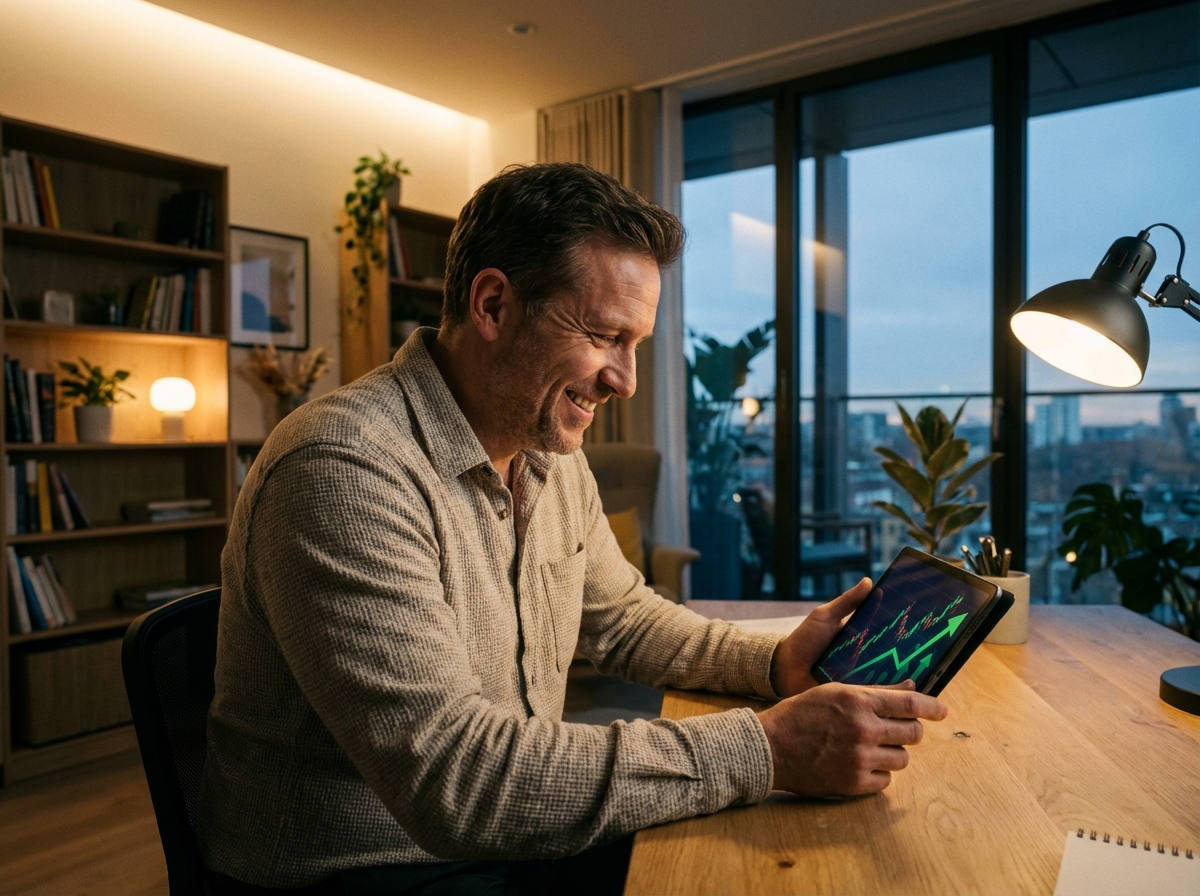 A professional trader checking a rising stock chart on a digital tablet, modern home office setting, warm lighting, natural expression of satisfaction, cinematic lighting, 4:3