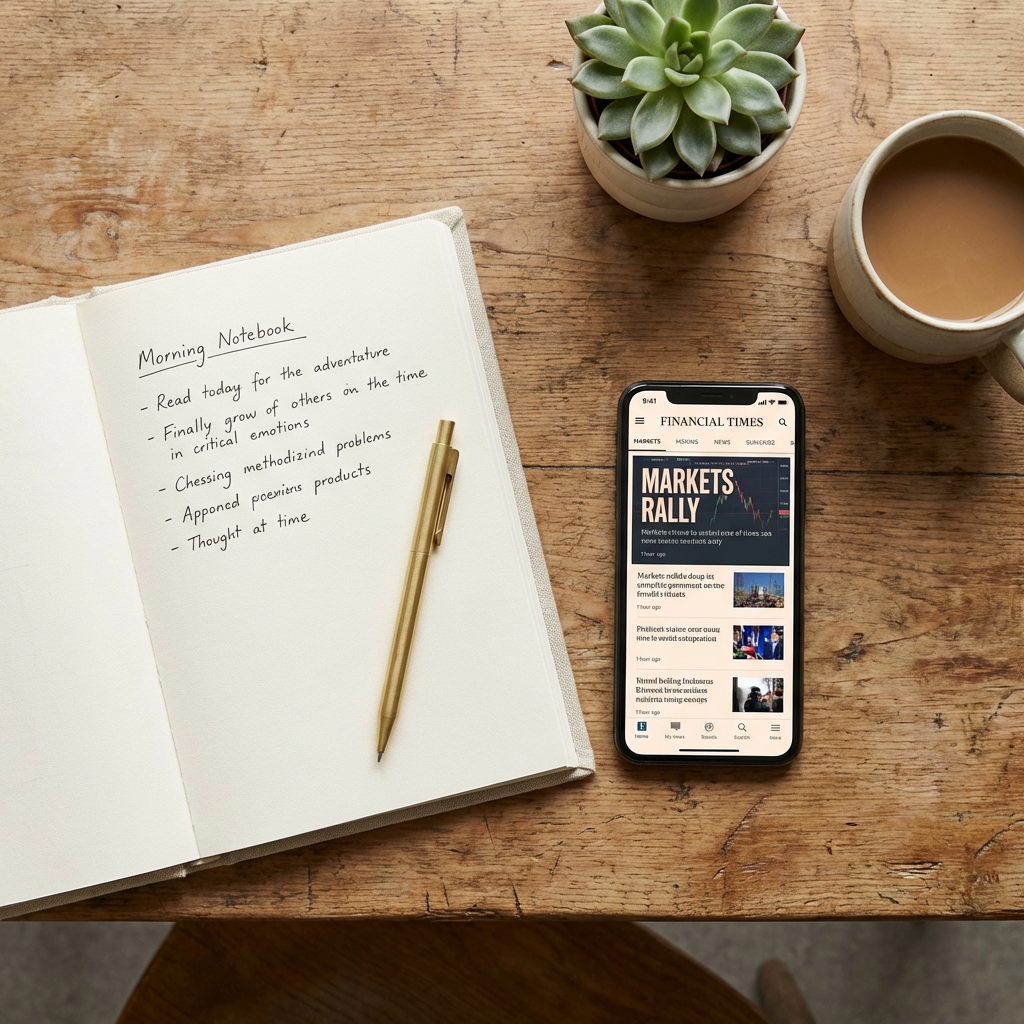 Flat lay of a notebook, a pen, and a smartphone displaying financial news on a wooden desk, organized and calm atmosphere, lifestyle photography, natural light, 1:1