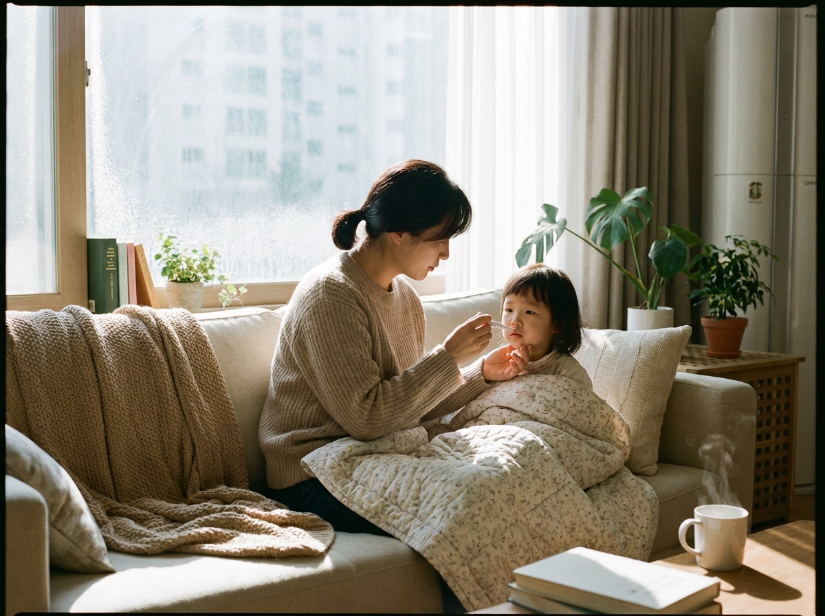 A warm indoor scene in winter, a South Korean mother checking a young child's temperature with a digital thermometer, soft sunlight through the window, cozy atmosphere, high quality photography. 4:3