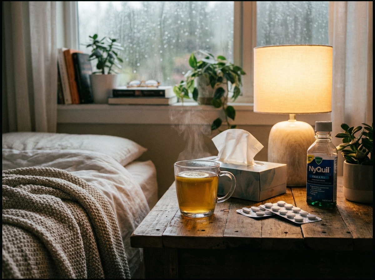 A glass of warm tea, a box of tissues, and some cold medicine on a wooden bedside table in a cozy bedroom, soft lamp light, realistic lifestyle photography. 4:3