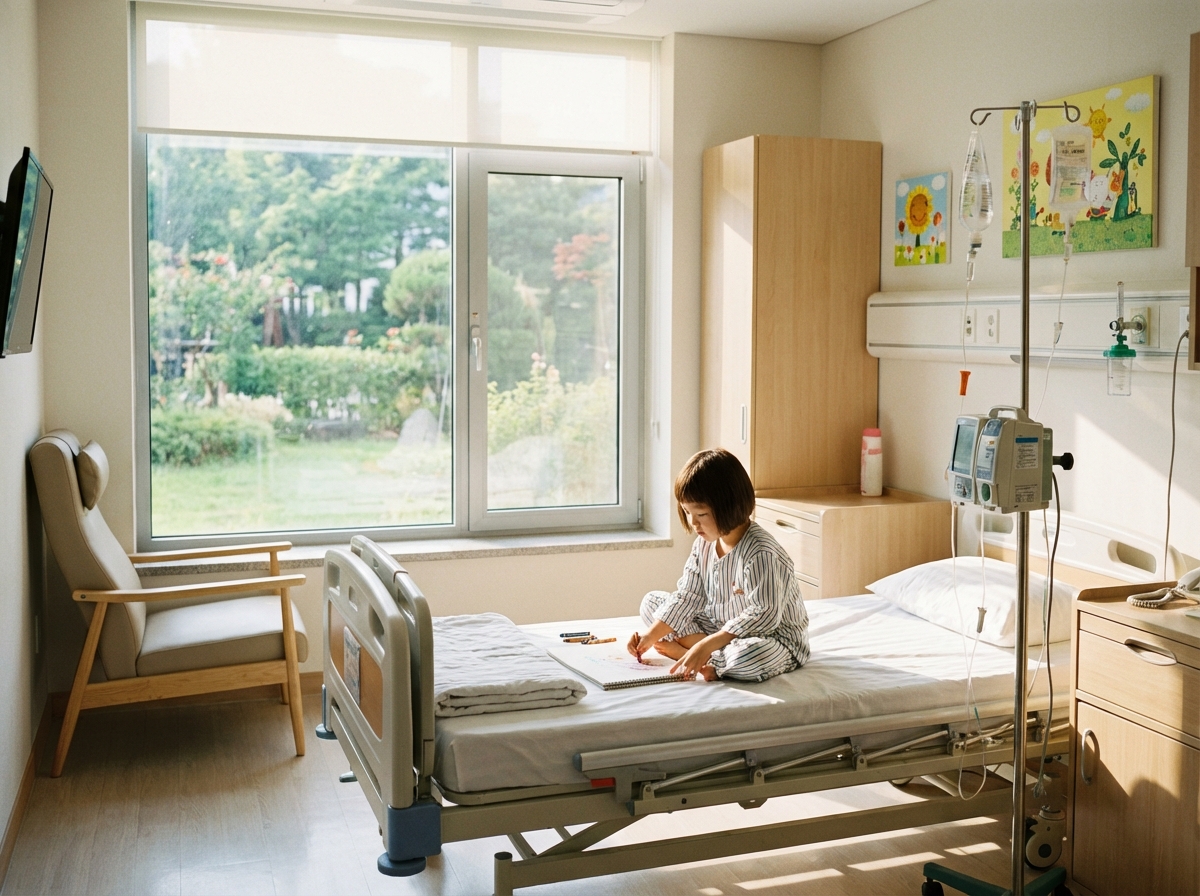 A bright and clean modern hospital room, a South Korean child sitting on a bed drawing in a sketchbook, an IV drip stand next to the bed, sunny and calm atmosphere. 4:3