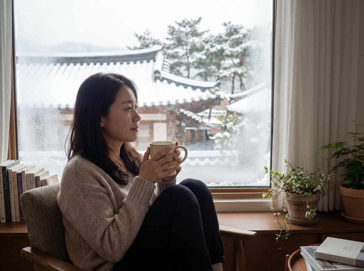 A peaceful South Korean woman sitting by a window looking out at a winter landscape, holding a warm white mug, reflecting rest and recovery, soft and natural lighting. 4:3