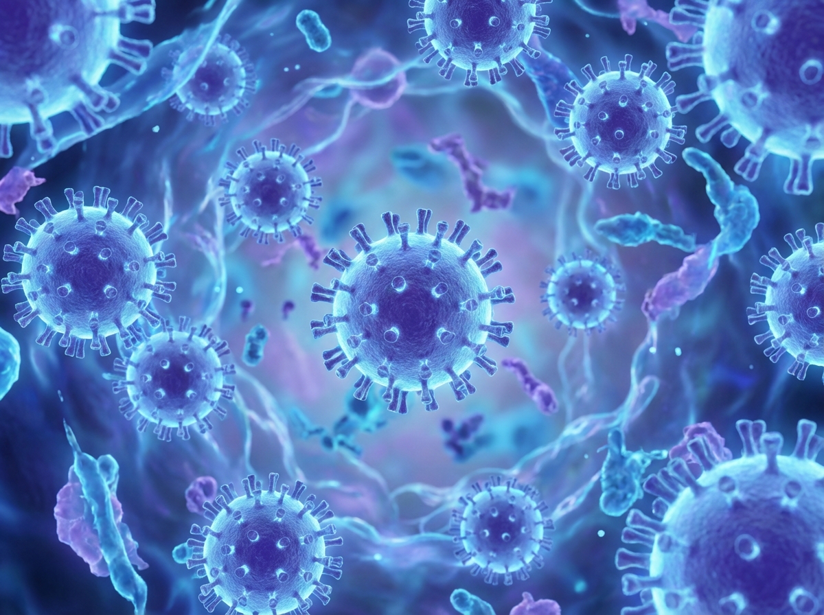 High resolution 3D illustration of influenza virus particles floating in a microscopic environment, professional medical visualization, cool blue and purple color palette, soft glowing edges, no text, 4:3