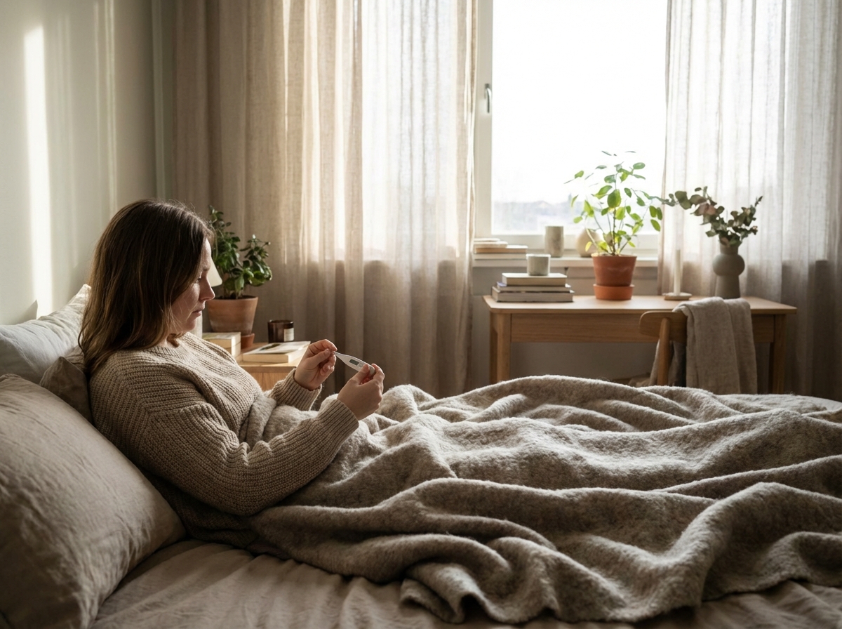 A person lying comfortably in a cozy bed with a warm blanket, holding a thermometer in their hand, soft morning sunlight coming through the window, peaceful and clean domestic setting, lifestyle photography, 4:3