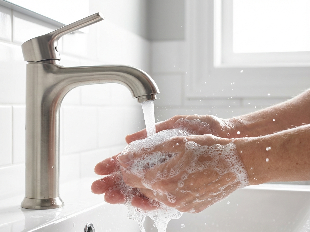 Close-up of hands being washed with rich white soap bubbles under a modern water faucet, sparkling water drops, bright and clean bathroom environment, high contrast, professional photography, 4:3