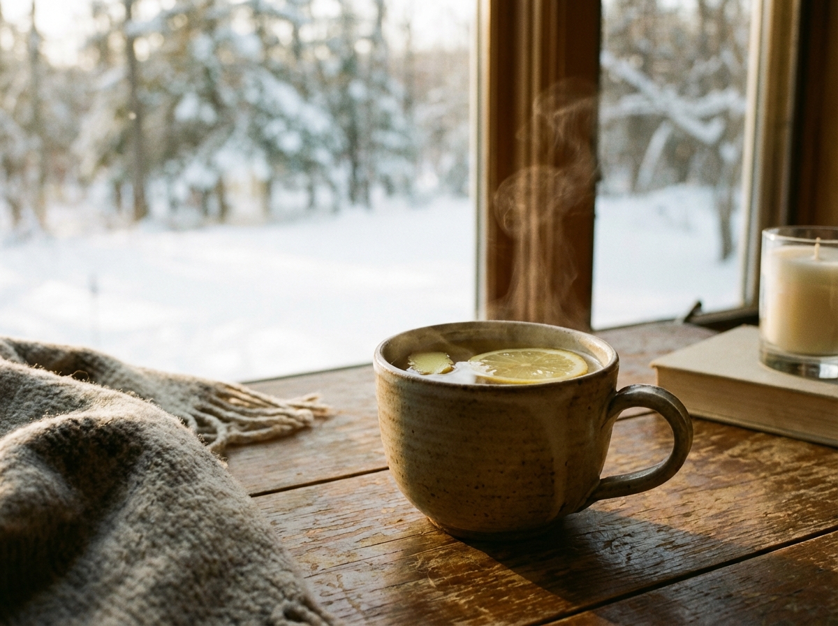 A warm ceramic mug of steaming lemon and ginger tea on a rustic wooden table, blurred winter landscape visible through a window in the background, warm and healing atmosphere, cozy home aesthetic, 4:3