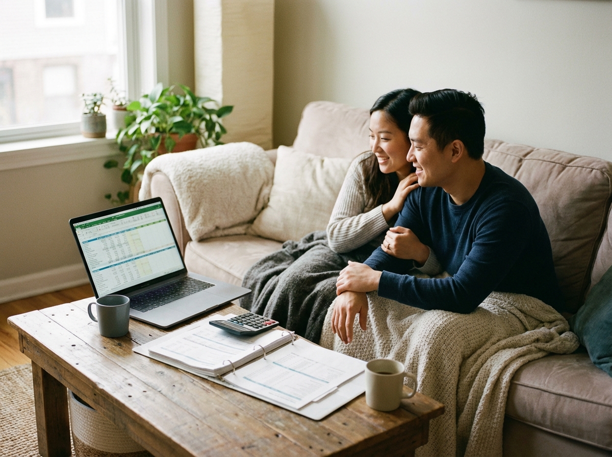 A cozy living room scene where a Korean couple is sitting together on a sofa, looking at a laptop screen with financial documents and a calculator on a coffee table. Warm natural lighting, soft indoor atmosphere, high-quality lifestyle photography. 4:3