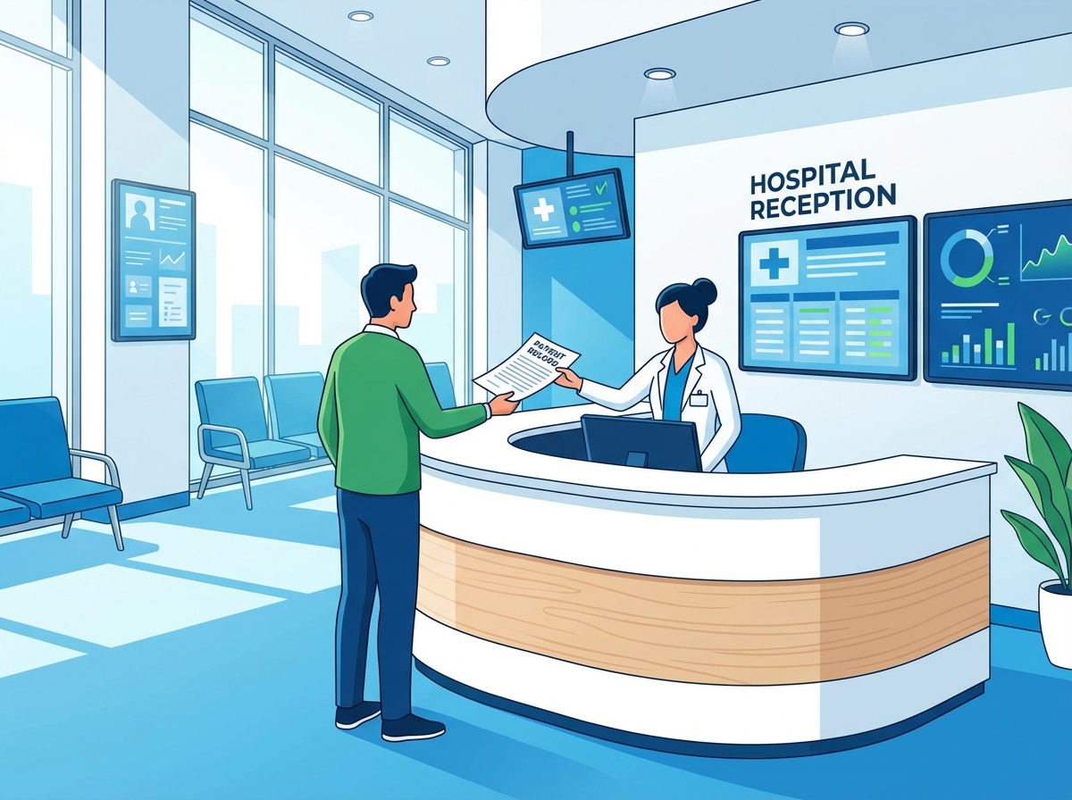 A modern hospital reception desk with a clean and professional atmosphere. A person is receiving a printed document from a receptionist. Bright lighting, high contrast, clean infographic style. 4:3