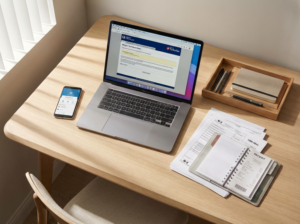 A top-down view of a tidy desk with a laptop displaying a tax website, a smartphone, and several organized paper documents. Modern and clean layout, soft sunlight from a window. 4:3