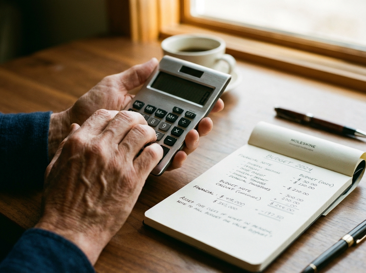 Close-up of hands using a sleek silver calculator next to a notepad with handwritten financial notes. Professional yet warm lighting, focus on the calculator and notes, shallow depth of field. 4:3
