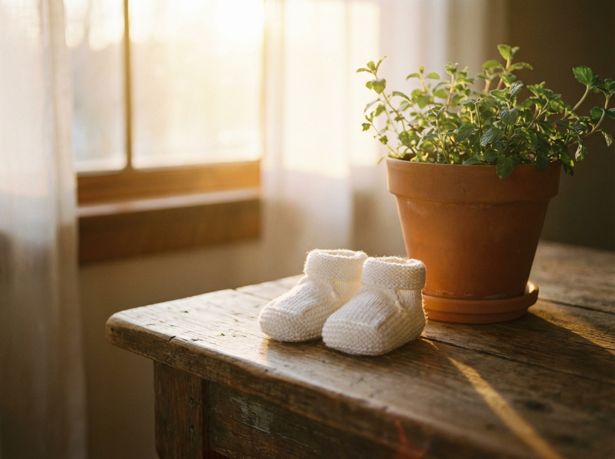 A beautiful and soft composition featuring a pair of small white knitted baby shoes on a wooden table next to a green potted plant. Soft morning sunlight, hopeful and warm atmosphere, artistic rendering. 4:3