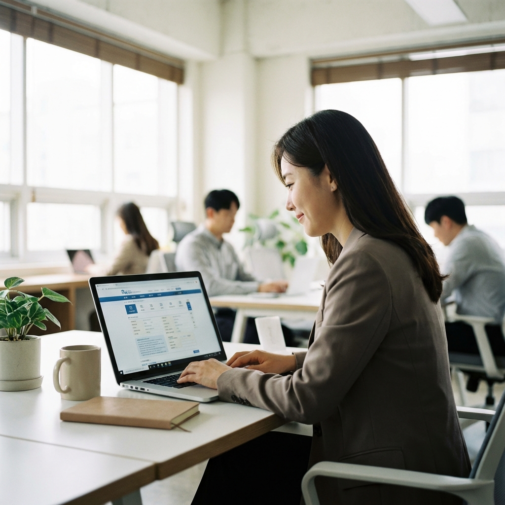 A professional South Korean office worker sitting at a clean desk with a laptop, smiling slightly while looking at tax-related documents on the screen, cozy and bright office atmosphere, high quality photography, 1:1