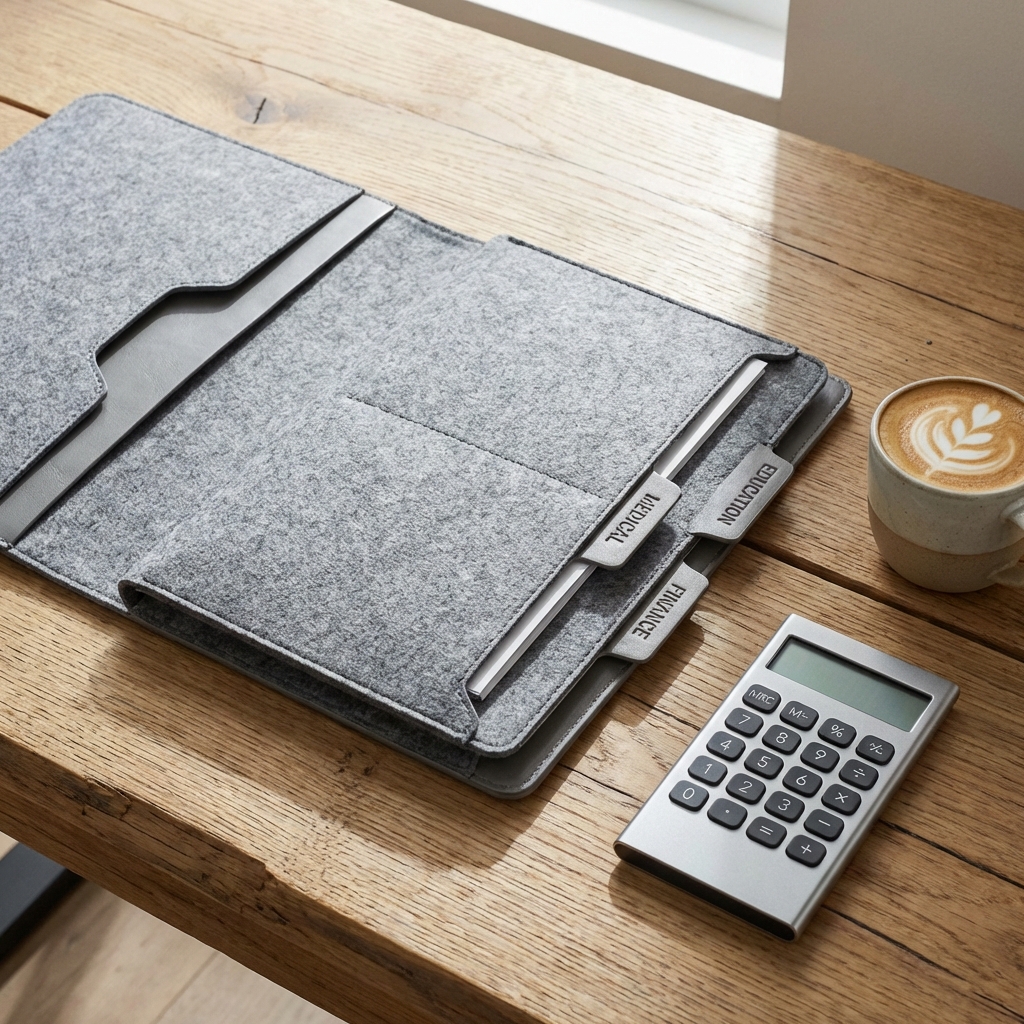 A modern organizer folder with labels like Medical, Education, and Housing, placed on a wooden table with a calculator and a cup of coffee, clean and professional look, 1:1