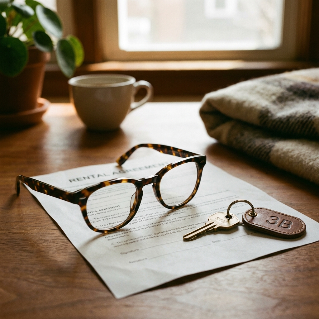 A pair of stylish glasses placed on top of a rental agreement document with a house key, realistic lifestyle photography, warm indoor lighting, 1:1