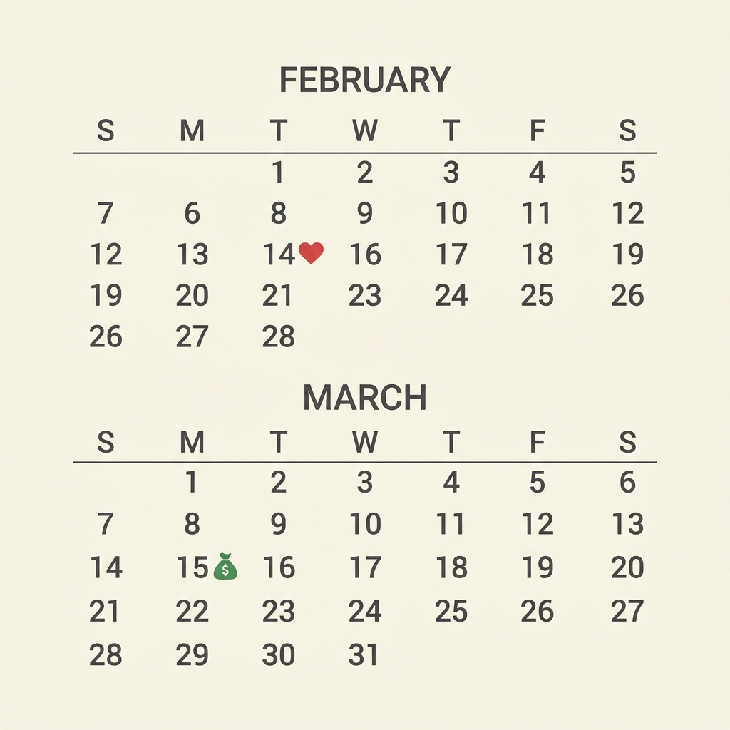 A minimalist calendar showing February and March with a heart symbol and a money icon on a specific date, clean flat design, 1:1