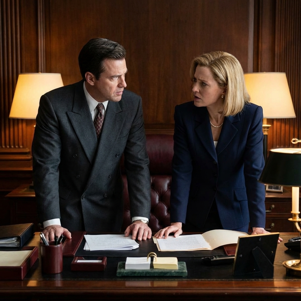 A professional man and woman in elegant 1990s business attire having a serious conversation in a luxury wood-paneled office warm indoor lighting realistic style 1:1