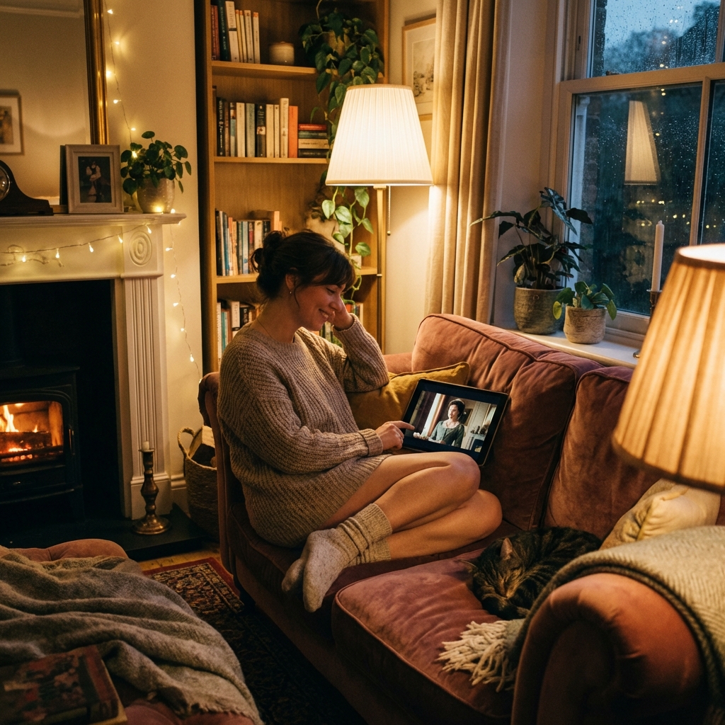 A cozy living room at night with a person relaxing on a sofa watching a drama on a tablet screen soft ambient lighting comfortable atmosphere 1:1