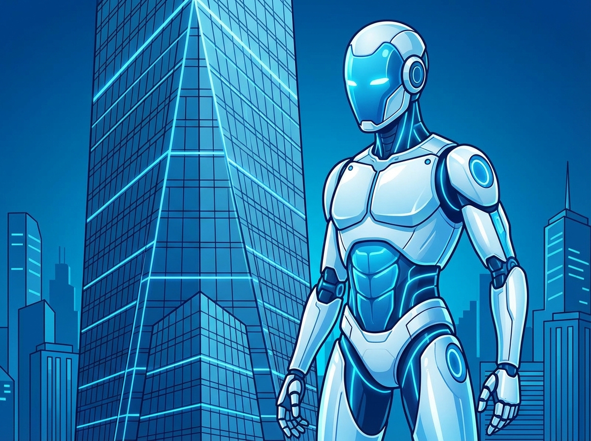 A futuristic humanoid robot standing in front of a modern glass skyscraper corporate building. Clean infographic style with high contrast and blue tones. No text, 4:3