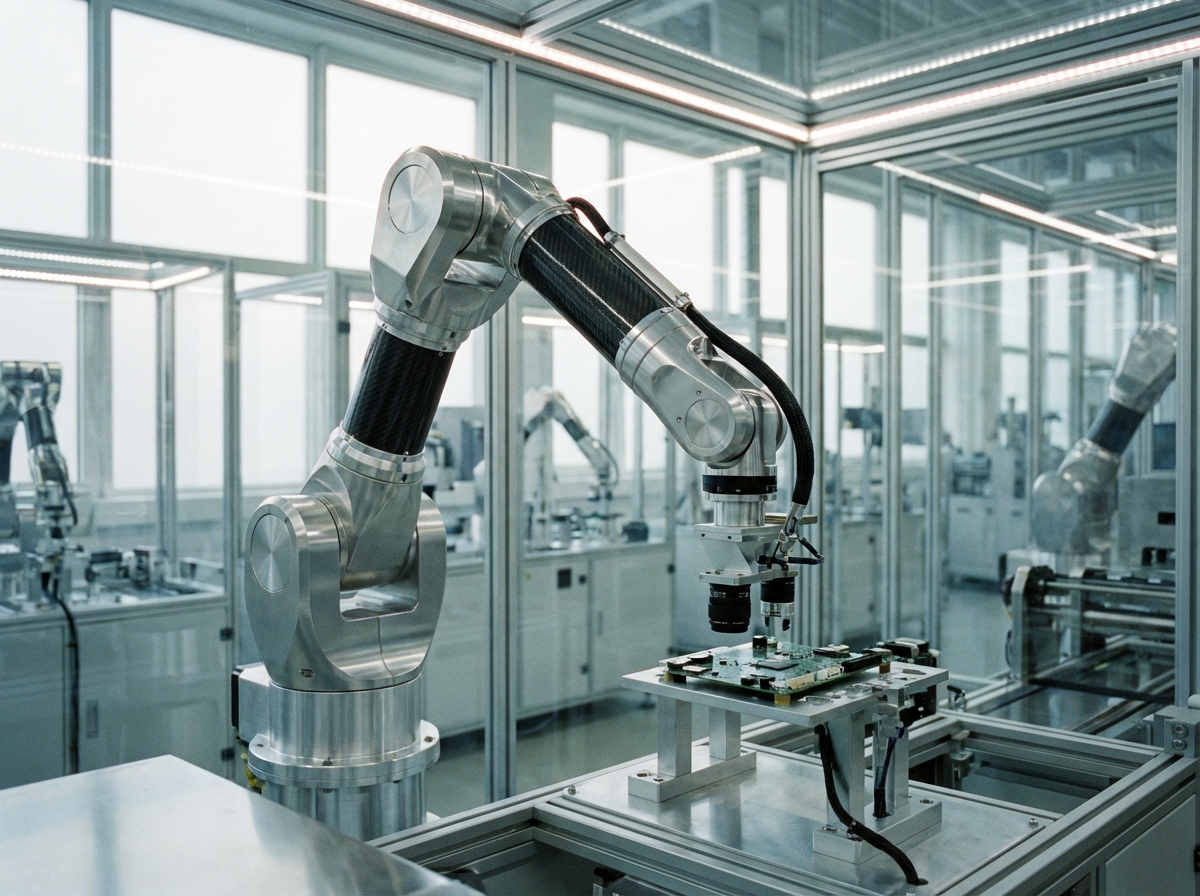 A high-tech robotic arm working in a clean and modern automated factory setting. Realistic photography with soft lighting and metallic textures. No text, 4:3