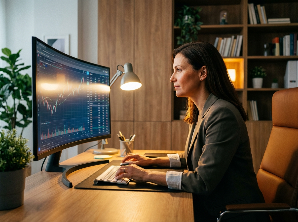 A professional person looking at a digital screen with stock market charts and financial data. Warm lighting and a modern workspace background. No text, 4:3